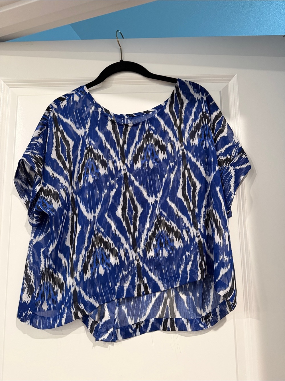 Kiara Blue Ikat-Print Short Sleeve Blouse